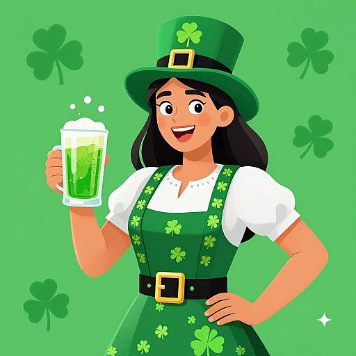 Digital illustration of a smiling Irish woman in green dress and hat, holding a frothy beer mug, set against a green background with clovers.