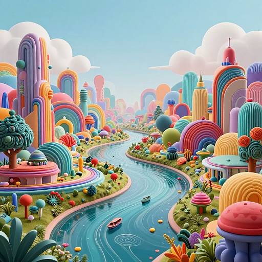 Whimsical digital artwork of a vibrant, colorful cityscape with rainbow-colored buildings, a winding blue river, and floating boats. Bright, surreal,