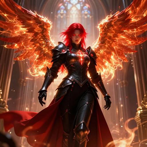 Digital art of a fierce, red-haired warrior with blazing orange wings, clad in black, reflective armor, standing in a grand, Gothic cathedral.