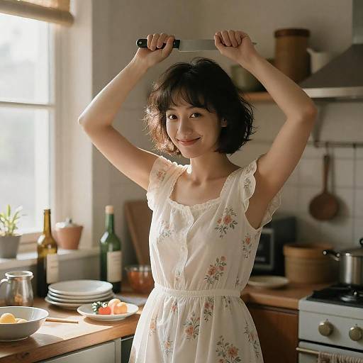 Woman in Vintage Kitchen Holding Knife