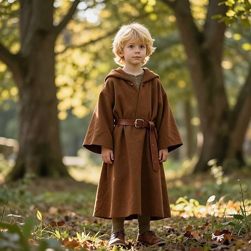 Photograph of a young blonde boy with fair skin, wearing a brown medieval-style tunic and belt, standing in a sunlit forest.