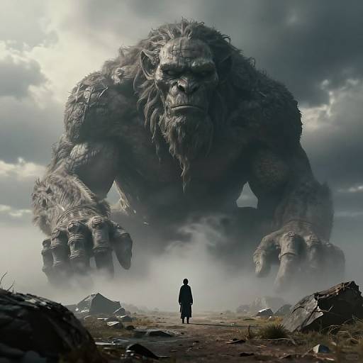 Digital artwork: Small human in black cloak stands before massive, towering, fur-covered ape-like creature with muscular build and large hands, under stormy sky