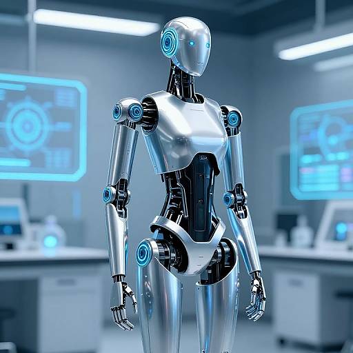 Photorealistic CGI of a shiny, silver humanoid robot with blue glowing joints, standing in a modern, blue-lit laboratory.