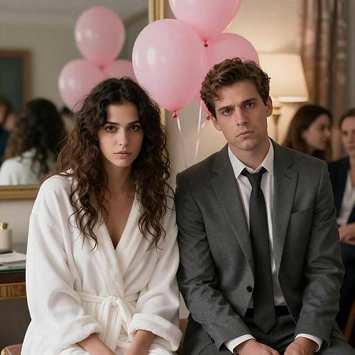 Intense Expressions Amidst Floating Balloons