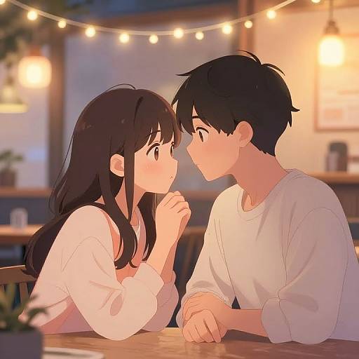 Anime-style digital drawing of a couple with dark hair, wearing white shirts, sitting closely at a wooden table, gazing into each other's eyes under