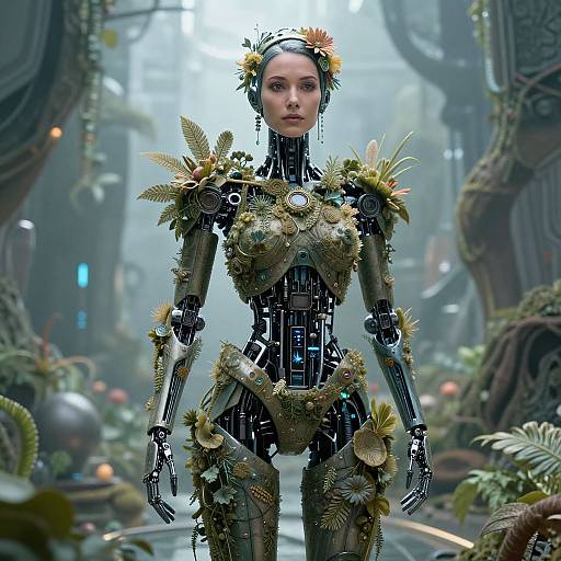 Digital artwork of a futuristic, robotic woman with a sleek, metallic body adorned with green foliage and flowers, standing in a misty, lush, sci