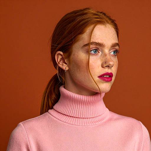 Young Redhead Woman in Pink Turtleneck Sweater