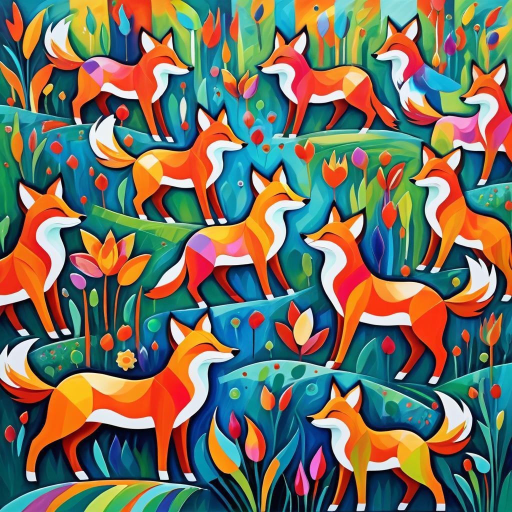 Vibrant Surrealist Fox Garden Scene