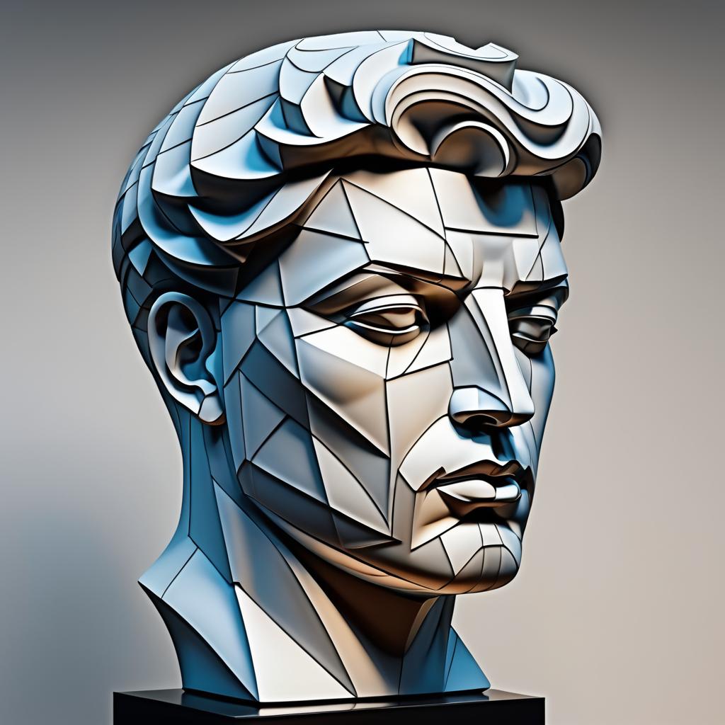 Cubist Male Head Sculpture with Solarization