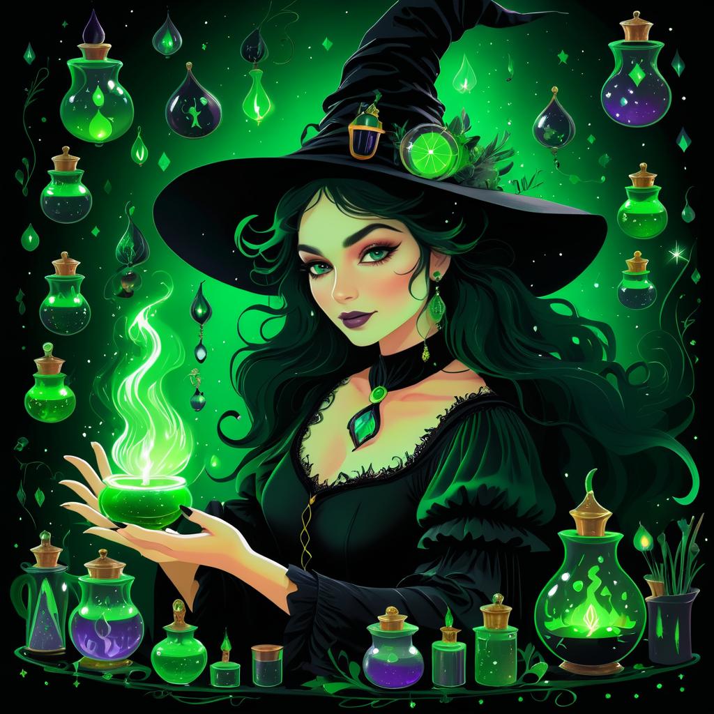 Whimsical Witch Portrait with Potions