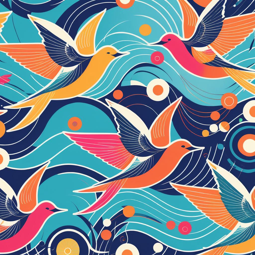 Retro Design with Joyful Swallows and Waves