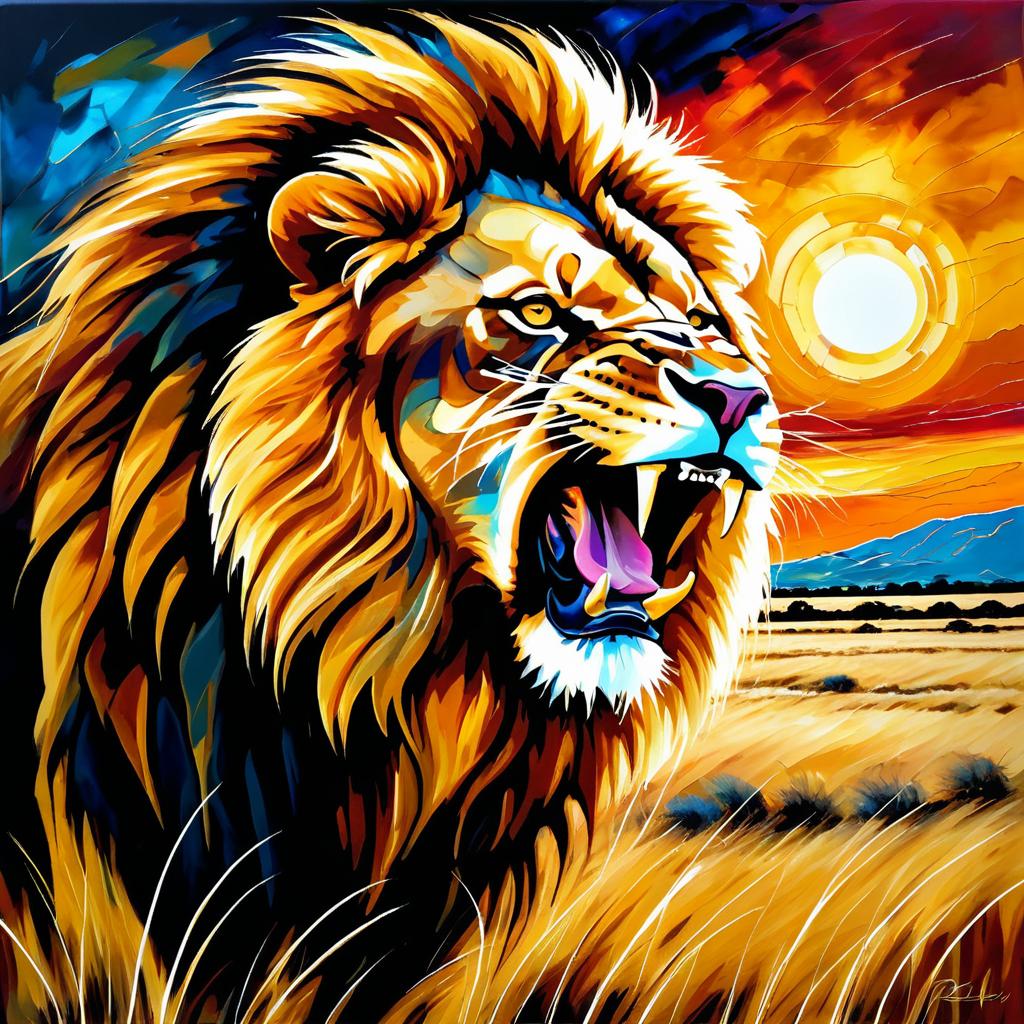 Majestic Lion Roaring at Sunset