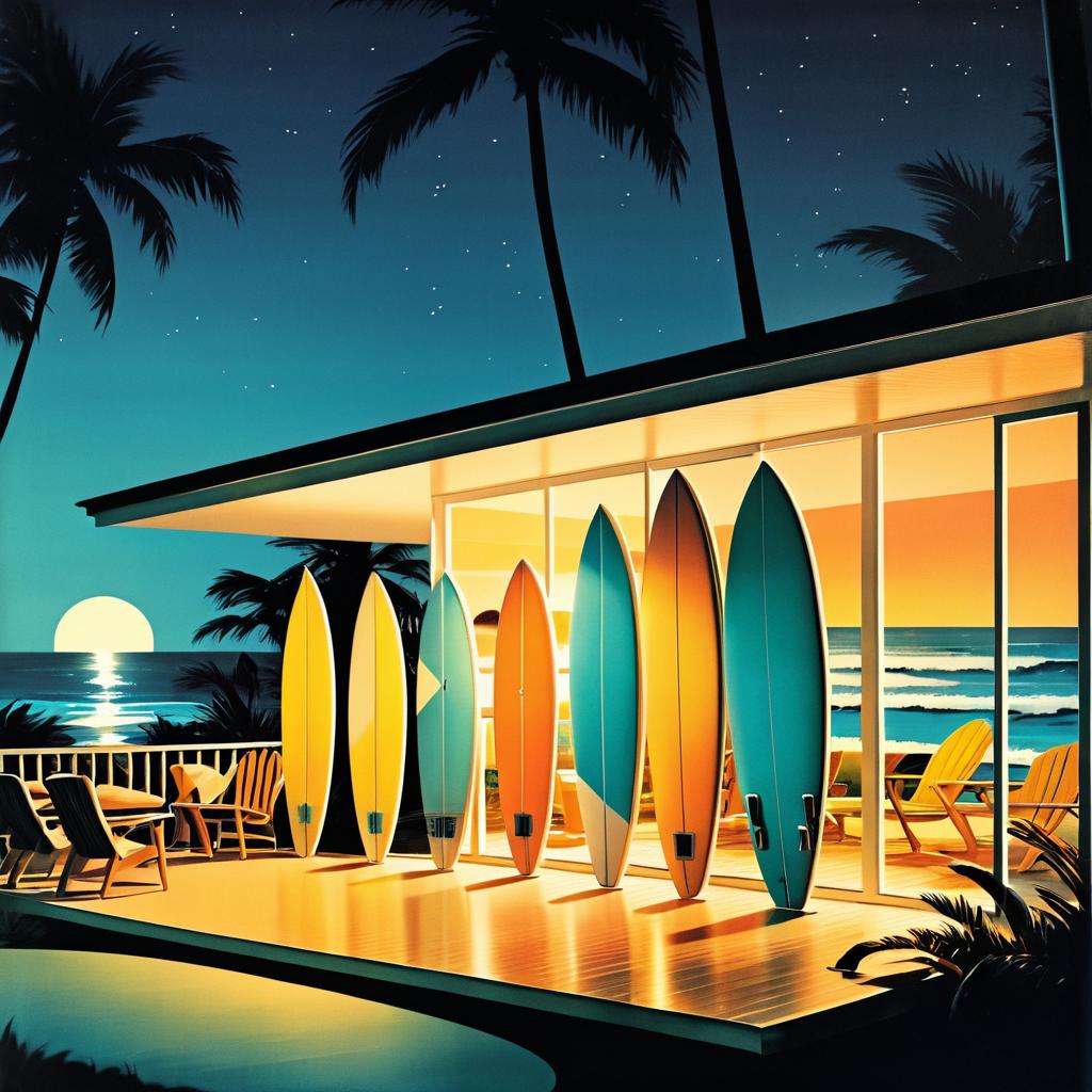 Vintage Surfboards and Beach House Illustration