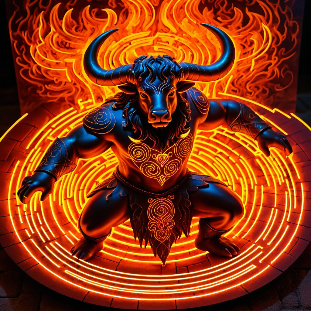 Majestic Minotaur in Fiery Labyrinth Artwork