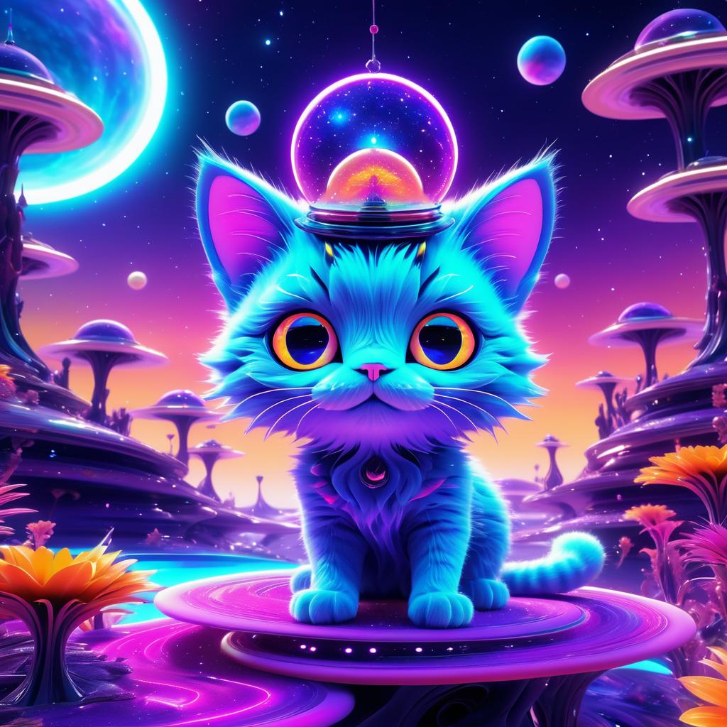 Whimsical Alien Cat on Saturn