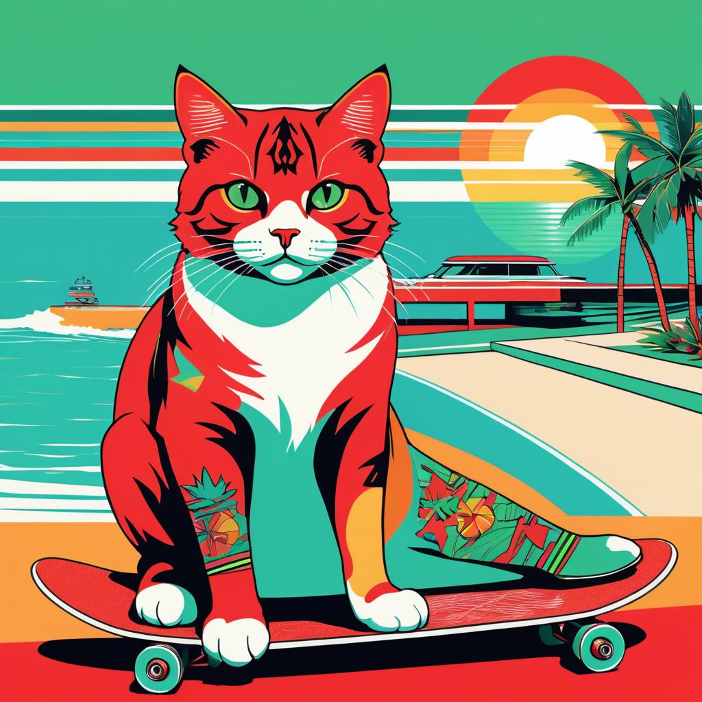 Stylish Cat on Skateboard by the Sea