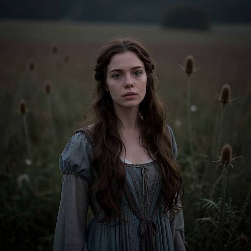 Photograph of a solemn young woman with long, wavy brown hair, wearing a blue, sheer- Sleeved dress, standing in a dark,