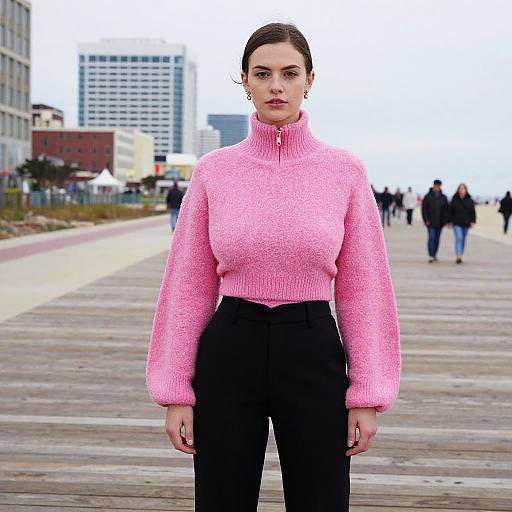 Photograph of a serious young woman with fair skin, dark hair in a bun, wearing a pink turtleneck sweater and black pants, standing on