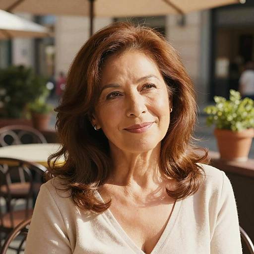 Photograph of an elegant mature woman with shoulder-length brown hair, wearing a white V-neck top, smiling softly outdoors at a sunny café.