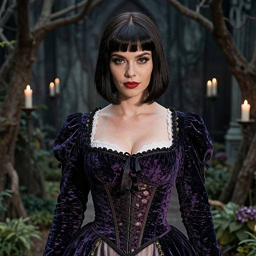 Digital art: Gothic-style woman with black bob, red lips, wearing a purple velvet corset with white lace, standing in a candlelit, dark