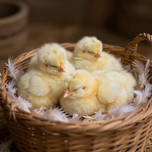 Photograph of four fluffy, yellow baby chicks with soft feathers, nestled in a brown wicker basket lined with white feathers.