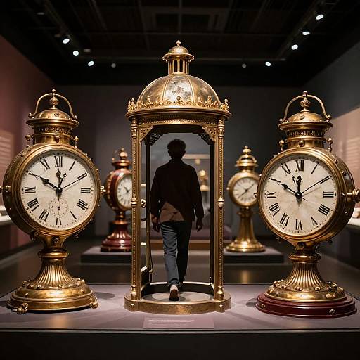 Photograph of a silhouetted man standing inside an ornate, gold clock frame between two large, illuminated, vintage-style clocks.