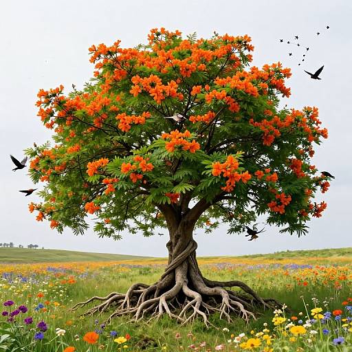 Surreal Orange-Flowered Tree with Birds