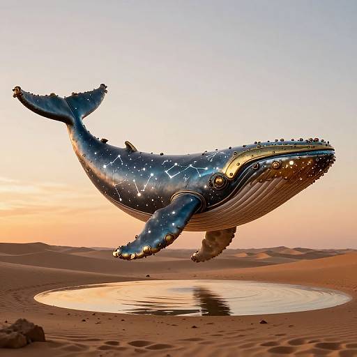 Digital artwork of a glowing, star-adorned blue whale jumping out of a desert oasis at sunset, with a calm water reflection.