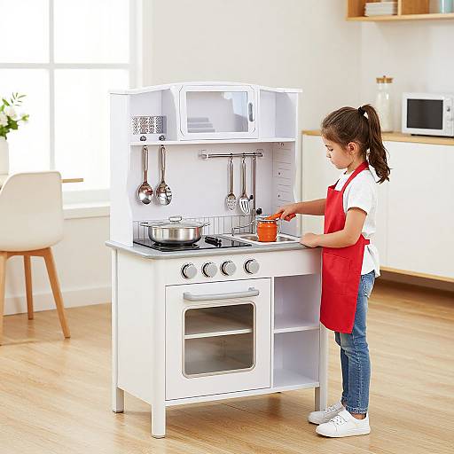 Photograph of a young girl with brown hair in a ponytail, wearing a red apron, white shirt, and blue jeans, cooking on a