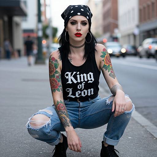 Photograph of a tattooed woman with black hair, red lipstick, wearing a black bandana, 