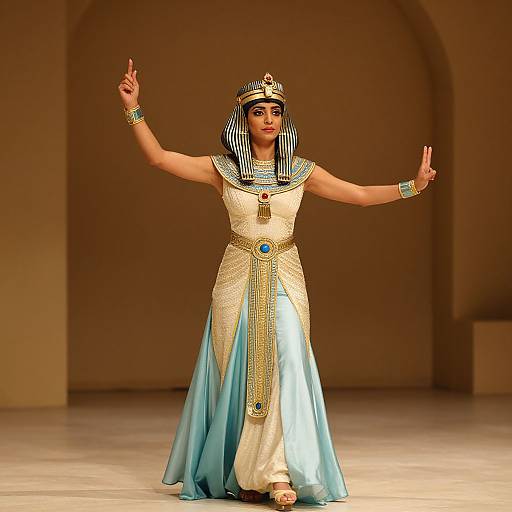 Photograph of a model in an ancient Egyptian-style dress, standing on a beige stage, arms raised, wearing a striped headdress, gold jewelry,