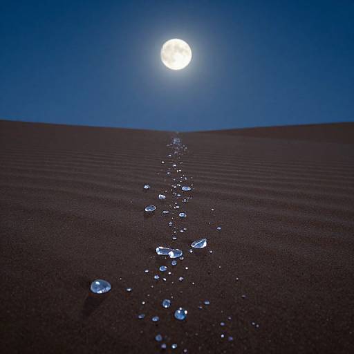 Photograph of a moonlit desert with a path of sparkling water droplets leading to a bright, full moon in a deep blue sky.