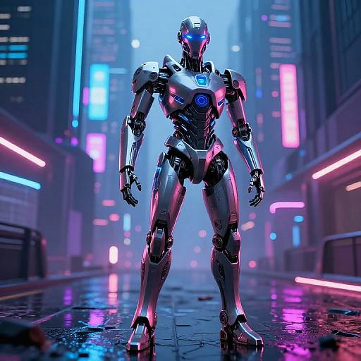 CGI image of a futuristic, silver humanoid robot with glowing blue eyes and neon-lit cityscape background. Neon lights reflect on wet, glossy ground