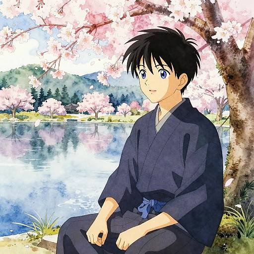 Anime-style drawing of a young boy with black hair and blue eyes, wearing a dark blue kimono, sitting by a serene cherry blossom-lined pond.