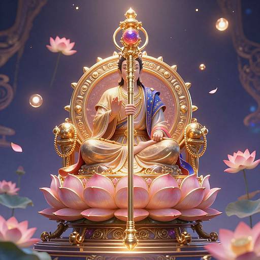 Digital artwork of a golden deity seated on a pink lotus throne, holding a staff with a blue gem, surrounded by glowing flowers and illuminated petals in