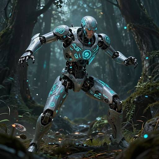 Photorealistic CGI of a glowing blue and silver cyborg warrior in a dark, misty forest, with neon lights on his armor.