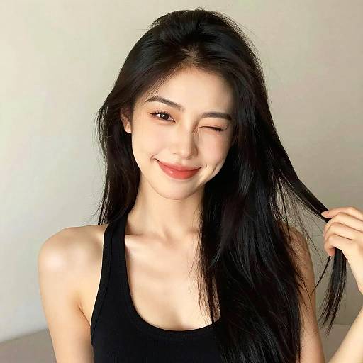 Photograph of a young Asian woman with long black hair, winking, wearing a black tank top, smiling, holding hair with right hand against a