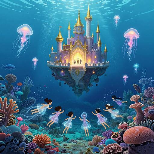 Digital illustration of a glowing underwater castle with golden spires, surrounded by jellyfish and mermaids, amidst vibrant coral reefs.