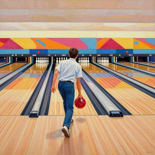 Photograph of a child in a white shirt and blue jeans, holding a red bowling ball, walking towards colorful bowling lanes.