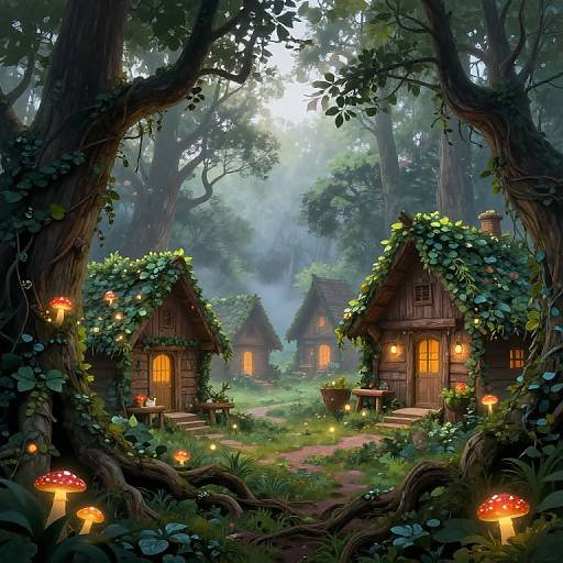 Whimsical forest scene with fairy-tale wooden cottages, glowing mushrooms, and twinkling lights, viewed through tree branches, in a misty