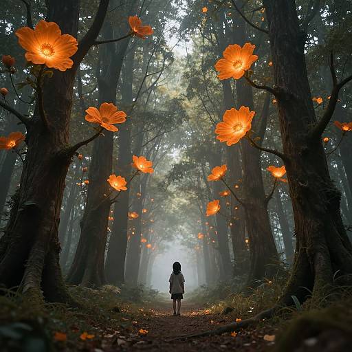 Digital artwork of a forest with glowing orange flowers, a lone girl in a dress stands on a misty path, surrounded by towering trees. Ethereal