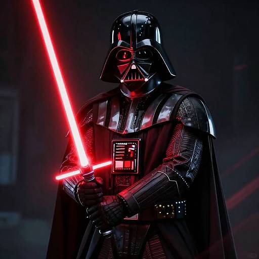 Digital illustration of Darth Vader holding a glowing red lightsaber, clad in black armor and cape, with dark, moody background.