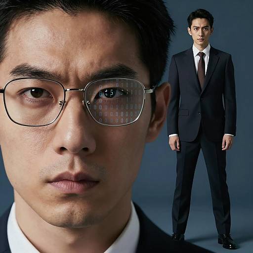 Businessman with Reflective Binary Code Glasses and Intense Expression