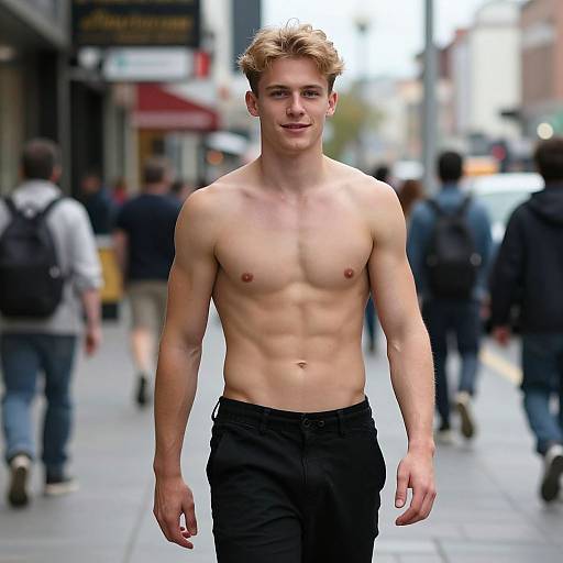 Photograph of a shirtless, muscular young man with light blond hair, wearing black pants, walking confidently down a busy city street with blurred pedestrians in