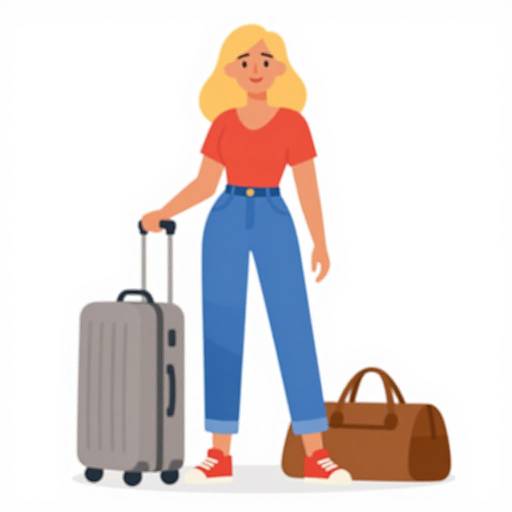 Digital illustration of a blonde woman in a red shirt, blue high-waisted jeans, and red sneakers, pulling a gray suitcase and standing next to