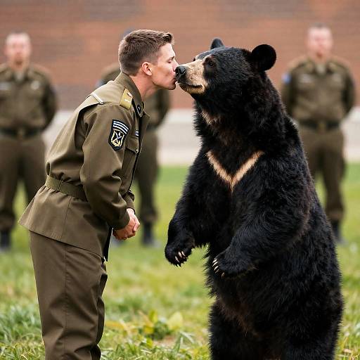 Military Man Kissing a Black Bear