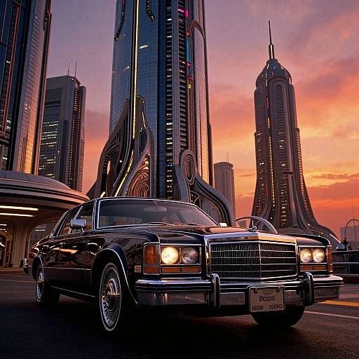 Photograph of a sleek, black, vintage Cadillac in front of futuristic skyscrapers at sunset, with vibrant orange and purple sky.