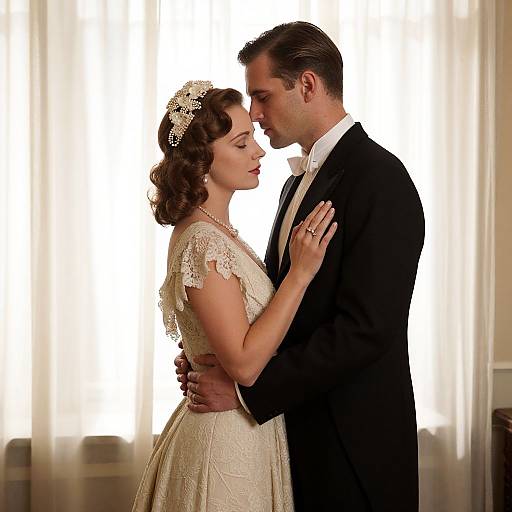 Photograph of a bride and groom in a close, intimate embrace. Bride in a lace, cream-colored wedding dress, groom in a black suit,