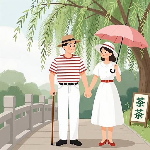 Couple on Bridge with Tea Sign