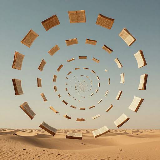 Digital art of a spiral pattern of floating wooden books in a desert with sandy dunes under a clear blue sky.